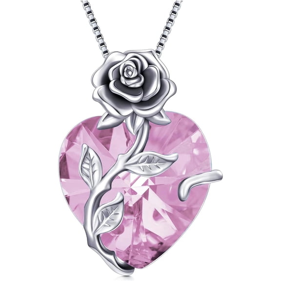 JKR Birthstone Necklace for Women 925 Sterling Silver Rose Flower Heart Birthstones Pendant Necklace Fine Jewelry Anniversary Mothers Day Birthday Gifts for Women Her Mom Wife Mother Grandma