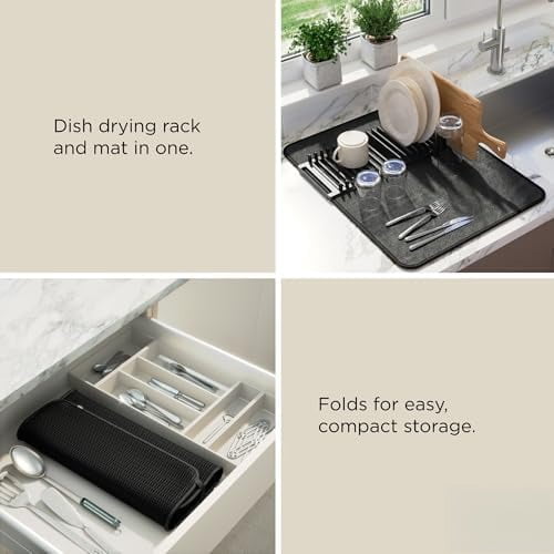 Udry Dish Rack and Microfiber Drying Mat – Space-Saving Design Folds Up for Easy Storage, Basic Rack, Black