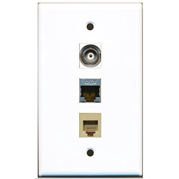 RiteAV - 1 Port Phone RJ11 RJ12 Beige and 1 Port Shielded Cat6 Ethernet and 1 Port BNC Wall Plate