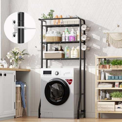 Over The Toilet Storage Cabinet, Metal Bathroom Shelf Organizer with Paper Holder and Hooks, 3 Tier, Black