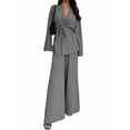 thumbnail image 3 of Women'S Casual Lounge Two Piece Outfits Long Sleeve V Neck Wrap Tie Waist Shirt Wide Leg Pants Sets Gray L, 3 of 9