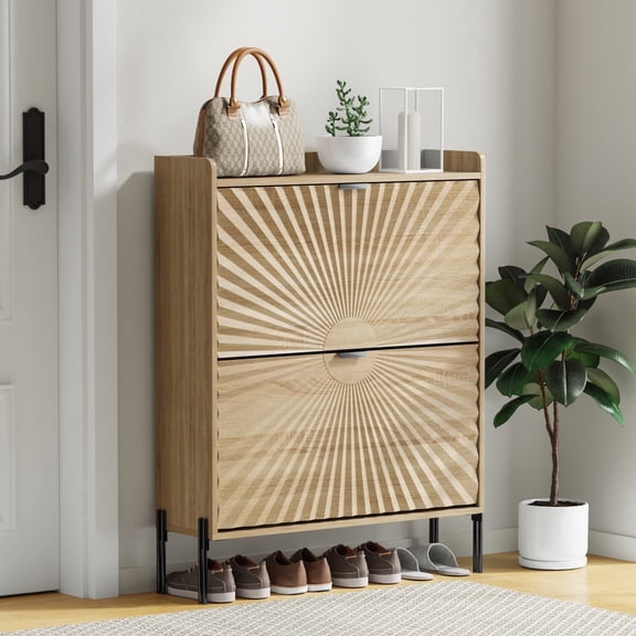 Pusnapku Fluted Shoe Storage Cabinet, 31" Slim Wood Cabinet with 2 Flip Drawers, Adjustable Shelves, Freestanding Shoe Organizer for Entryway, Hallway
