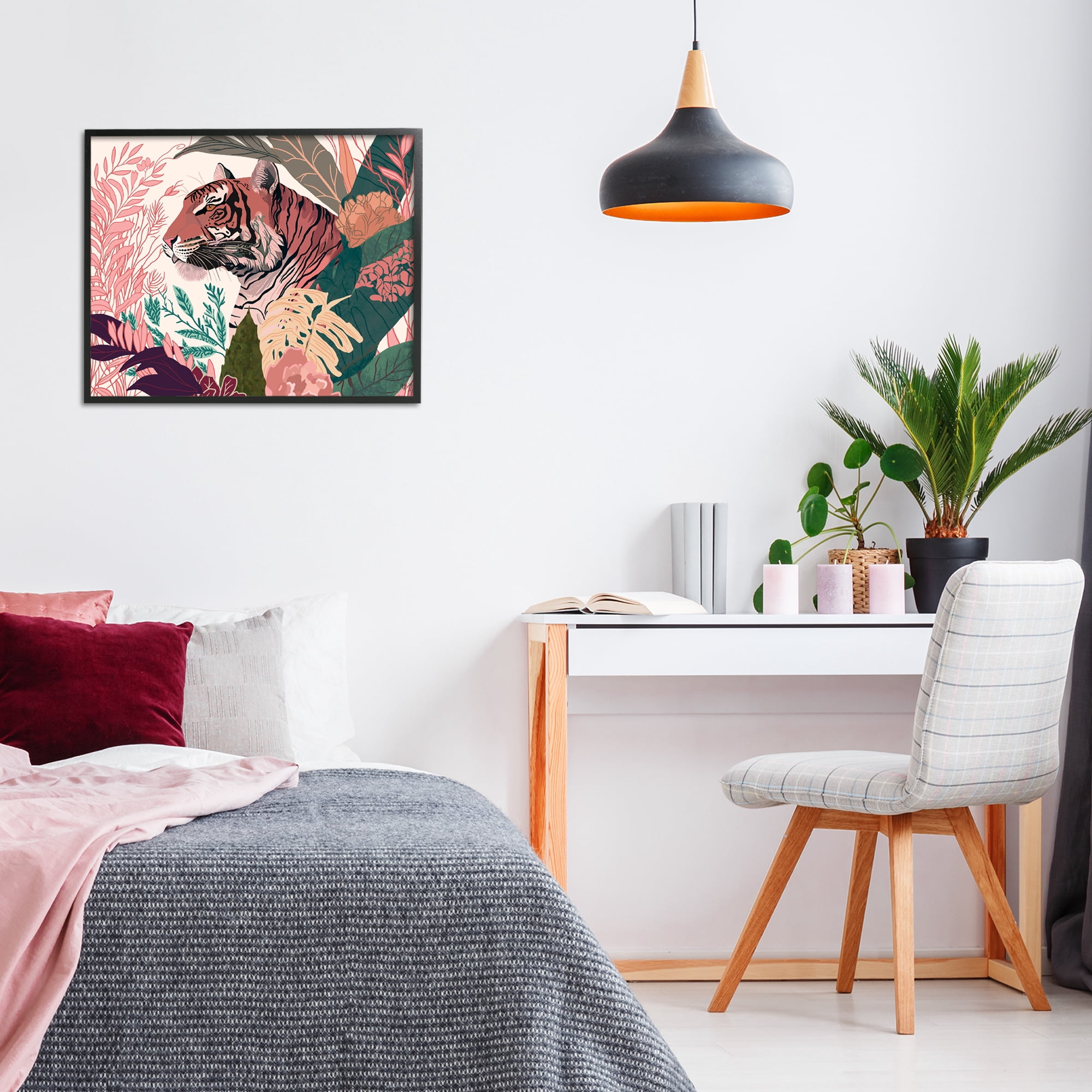 Stupell Industries Tiger Peeking from Leaves Animals & Insects Painting Black Framed Art Print Wall Art, 30 x 24