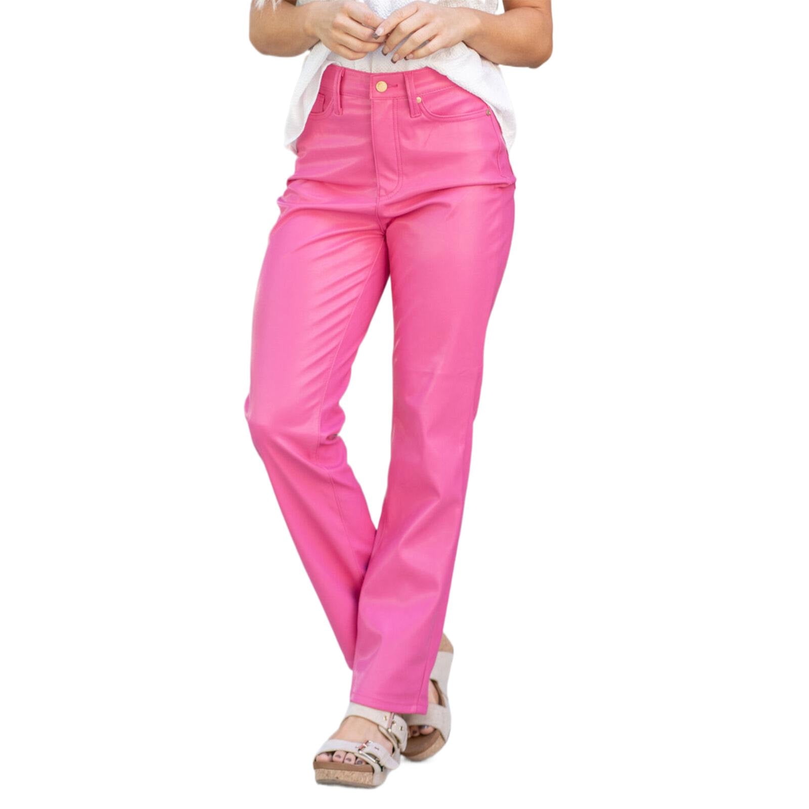 Women's High Rise Straight Leg Trousers in Faux Leather Elegant Vegan Leather Pants for Business Casual Wear