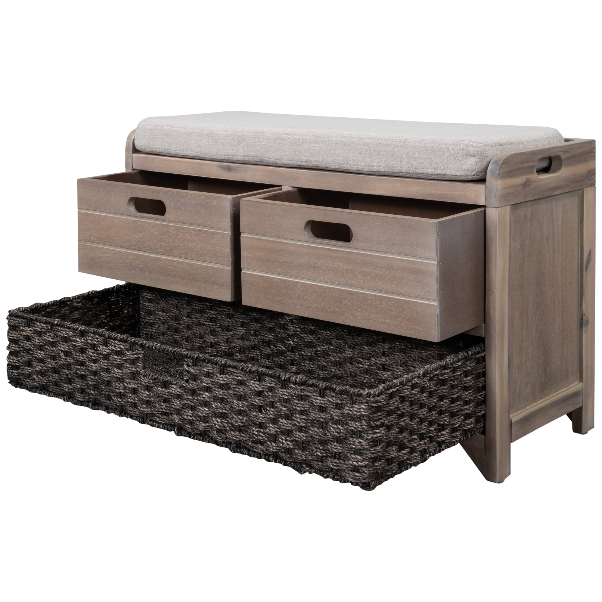 Aukfa Wood Storage Bench with Removable Basket and 2 Drawers for Entryway - Light Brown