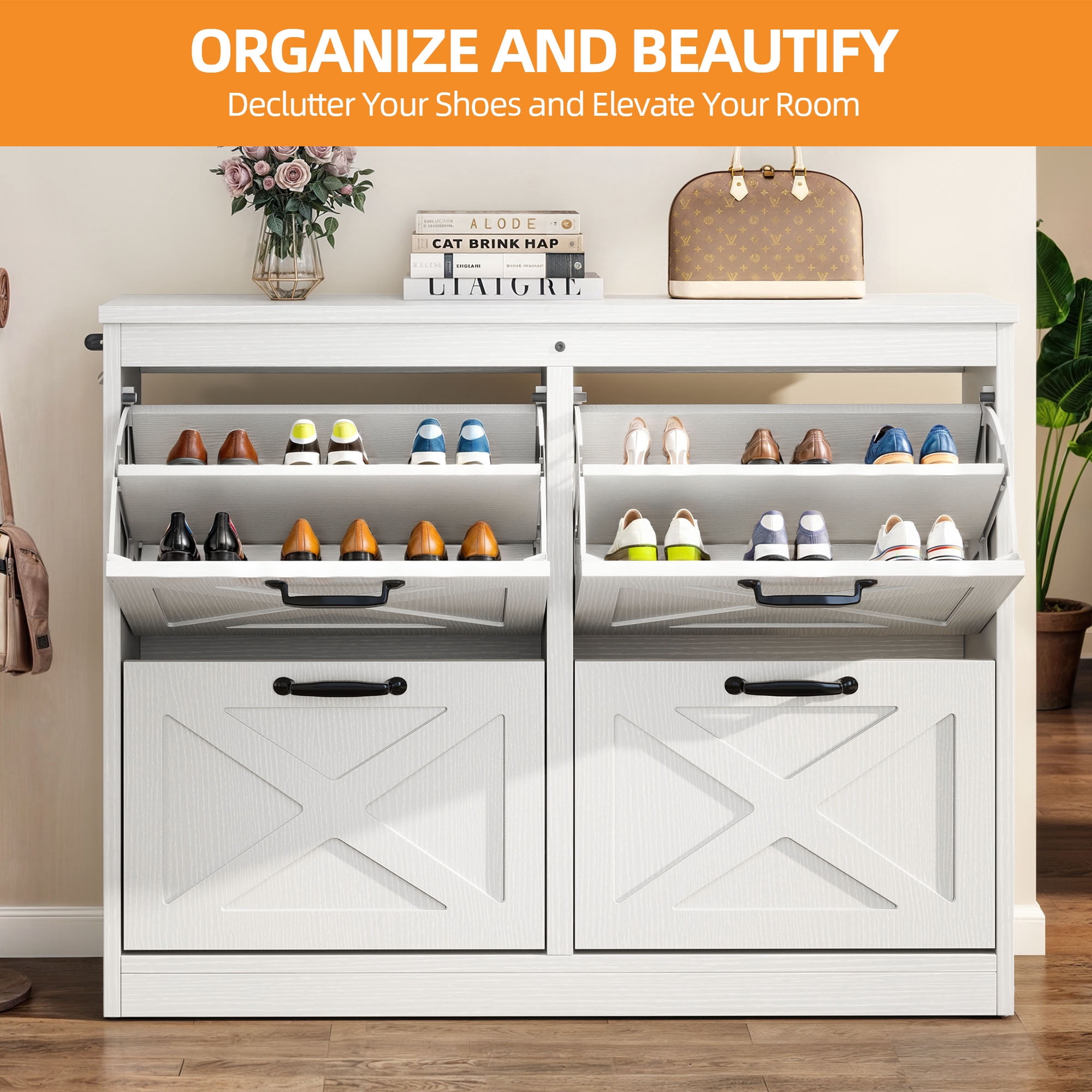 Uforic Shoe Cabinet with 4 Flip Drawers, Farmhouse Narrow Shoe Rack Organizer with Metal Legs, White