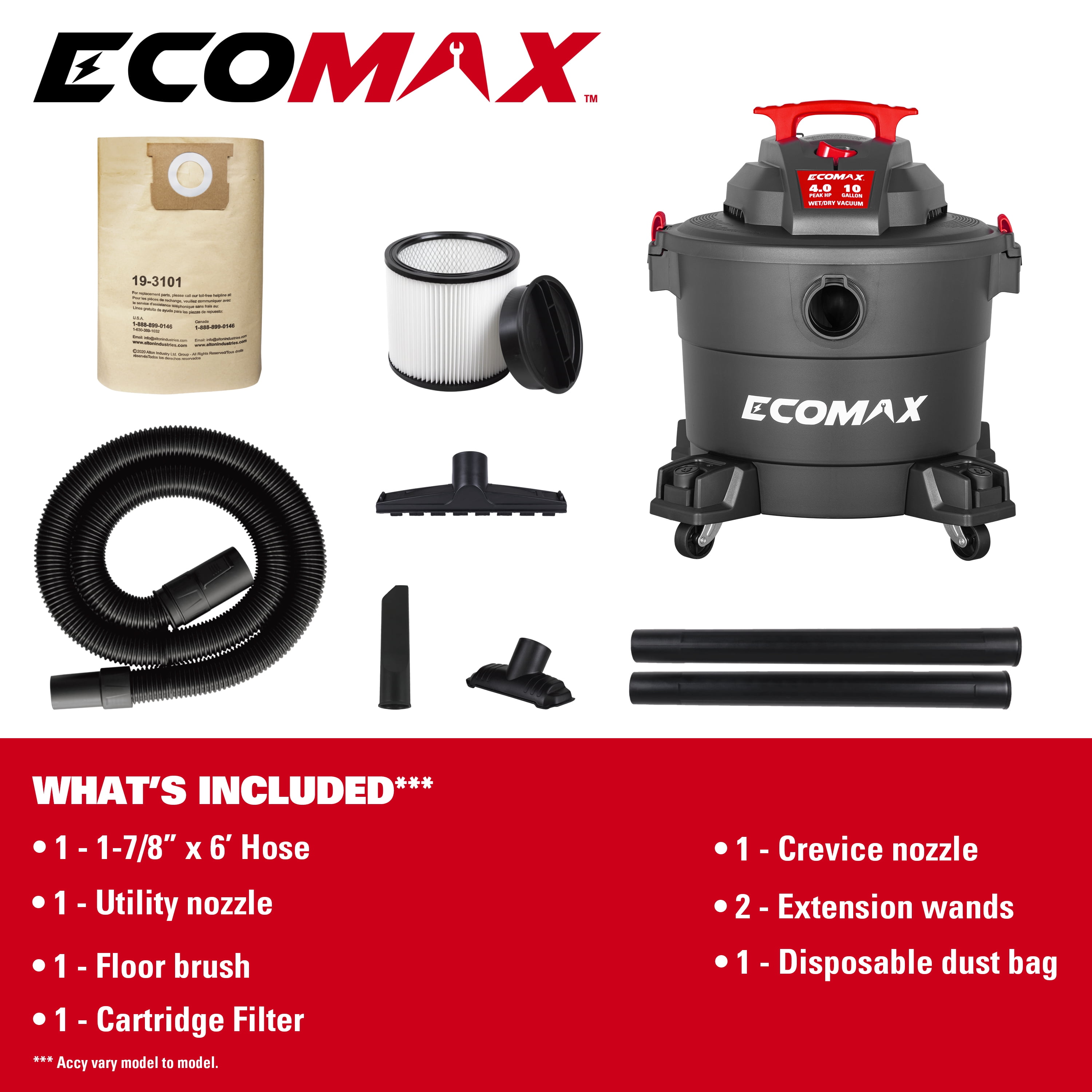 Ecomax EM18191P 10-Gallon 4HP Portable Poly Wet/Dry Vacuum – Powerful Shop & Garage Cleaner with Accessories