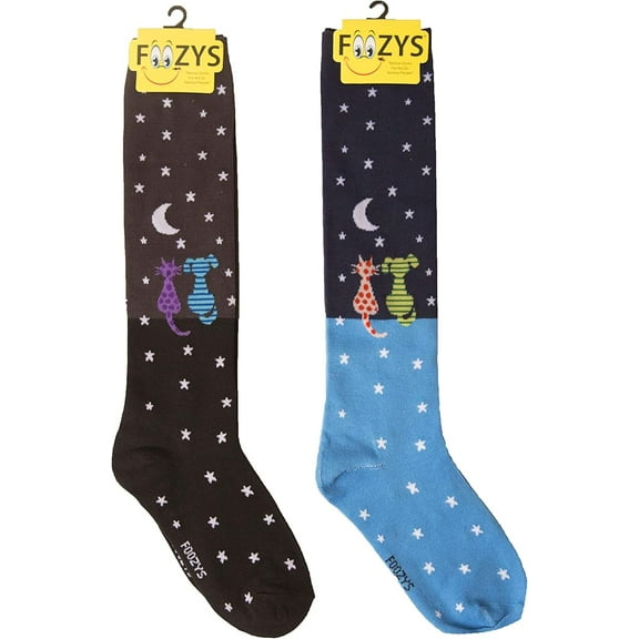 Foozys Women’s Novelty Knee High Socks | Star Gazing Cat and Dog (FK-01) Cute, Fun and Makes a Great Gift! |Two Pair (One Black & One Blue) | Women’s US Shoe Size 4-10