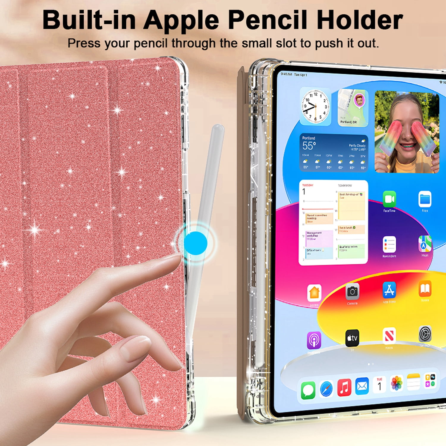 Decase Compatible with Apple iPad 10.2 inch 2021/2020/2019,Sparkle Cute Case,Glitter Cover with Sparkly Clear Back,Pencil Holder, Fits for iPad 7th/8th/9th Gen Case 10.2 inch for Kids Girls,Rosegold