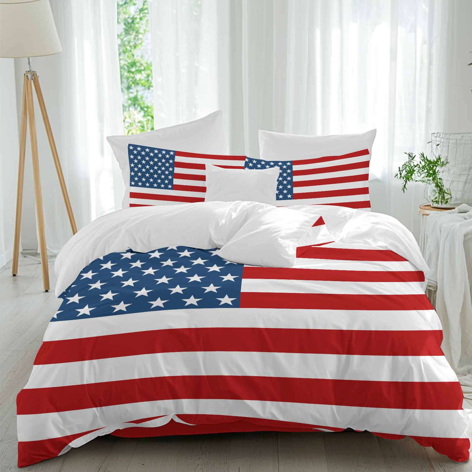 American Flag Duvet Cover Set, Blue Red USA Flag Soft Duvet Cover Full Size Bedding Set 4 Pieces, 1 Quiltcover and 2 Pillowcases with Zipper, 1 Bed Sheet for All Seasons