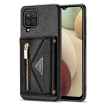 Dteck Case For Samsung Galaxy A12 6.5-inch,Luxury Leather Zipper Card Holder Wallet Cross Body Bag Back Case Hybrid Rubber Kickstand Cover with Shoulder Strap,Black