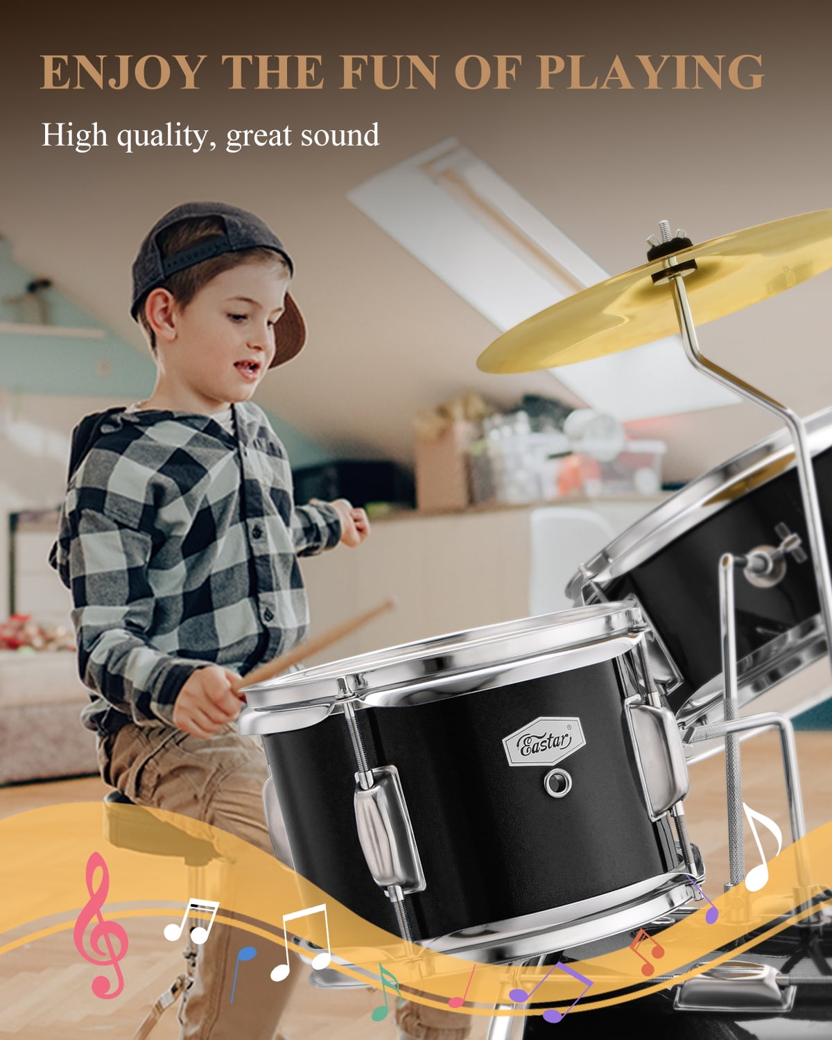 Eastar Beginners Drum Sets Colorful 14" Kids Drum Kit, Child Mini Percussion Instrument Toys, Drumming Stool Chair, Drumsticks, Mirror All Black