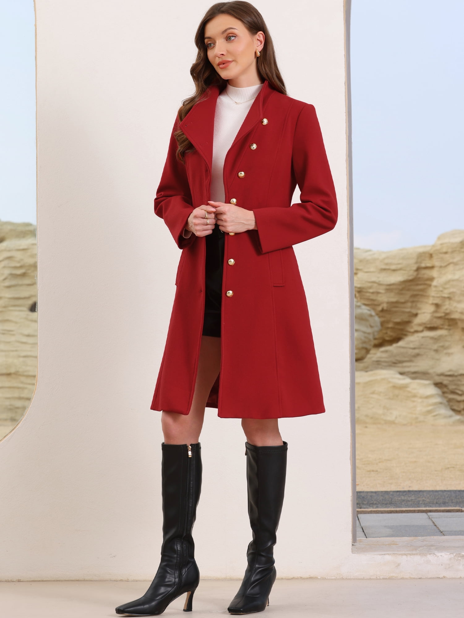 DARING DIVA Women's Stand Collar Belted Single Breasted Trench Pea Coat L Red