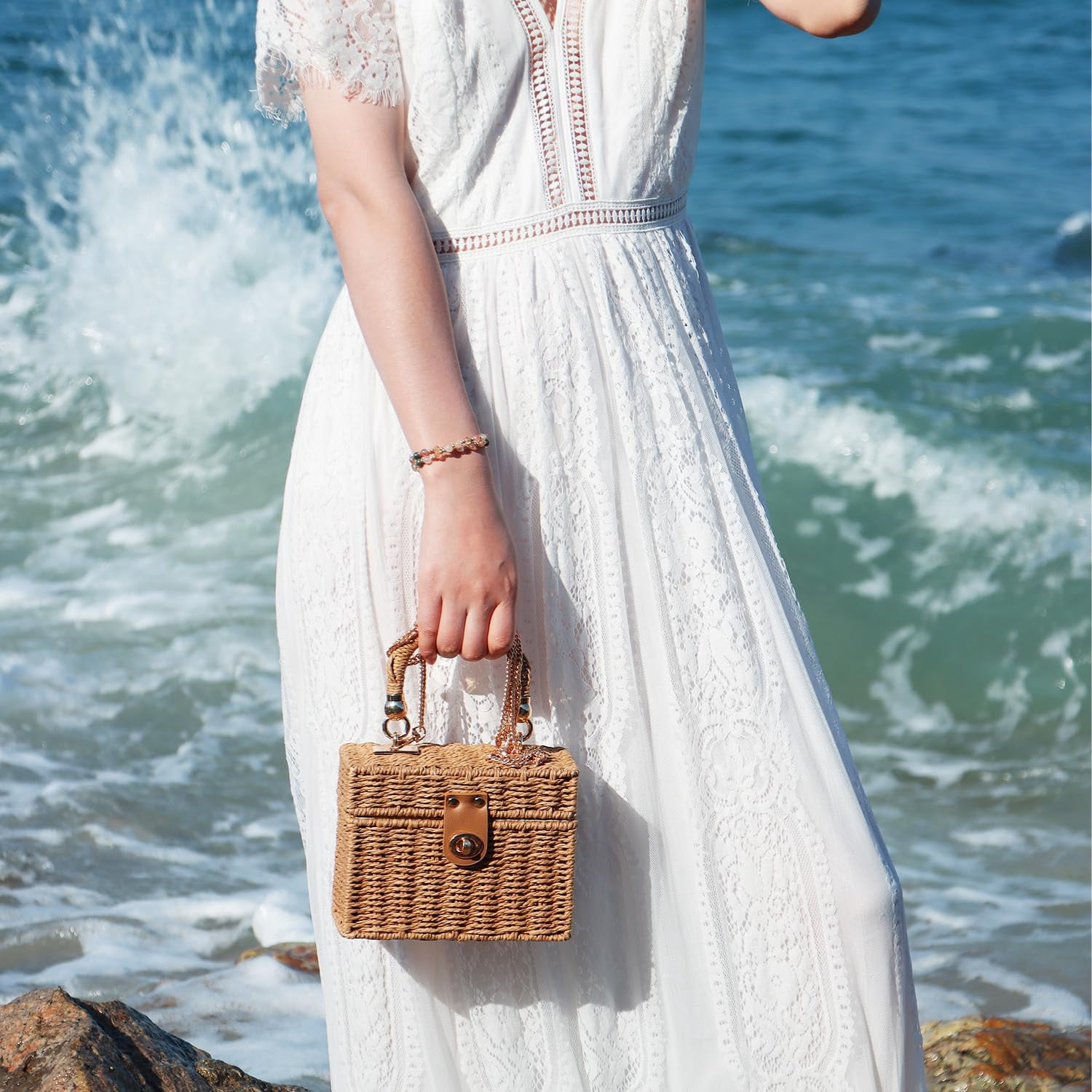 Rattan Purse for Women Summer Tote Handbag Woven Bakset Crossbody Bag Trendy Beach Top Handle Bag