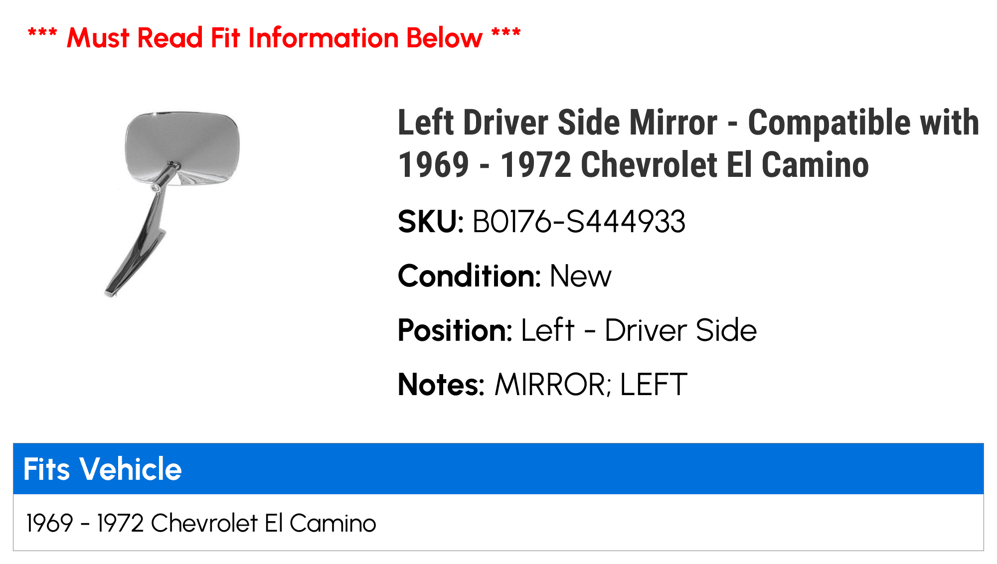Left Driver Side Mirror - Compatible with 1969 - 1972 Chevy El Camino 1970 1971