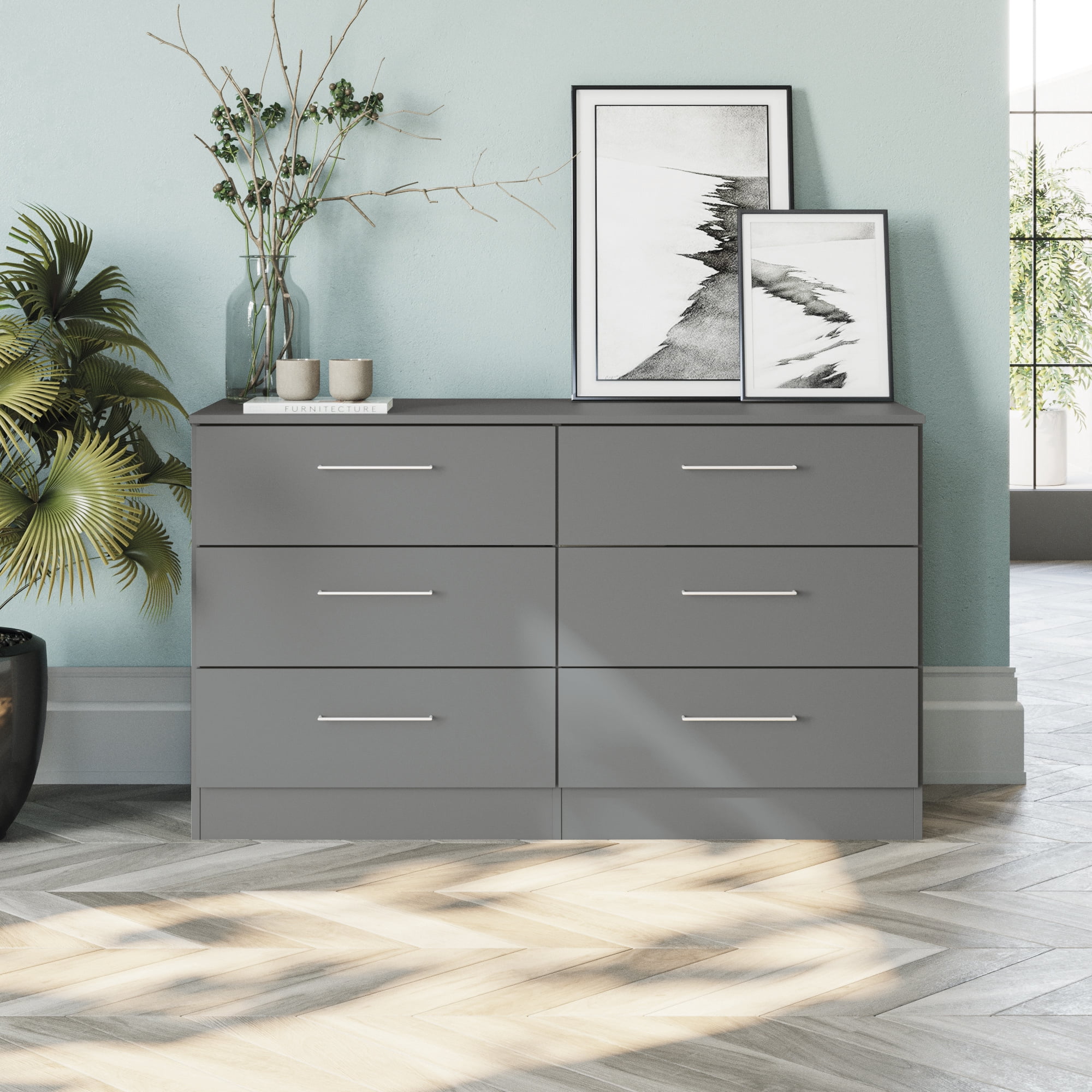 Kappesberg Foster Gray 50.3"W 6-Drawer Dresser and Two 3-Drawer Chests Bedroom Set - for Adults and Teens