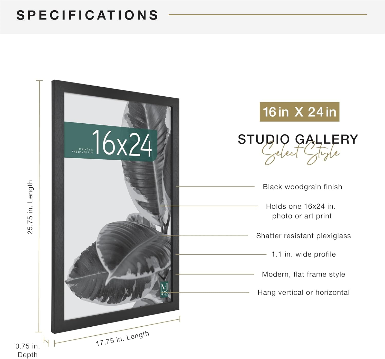 MCS Studio Gallery 16x24 Poster Frame Black Woodgrain (1-Pack)