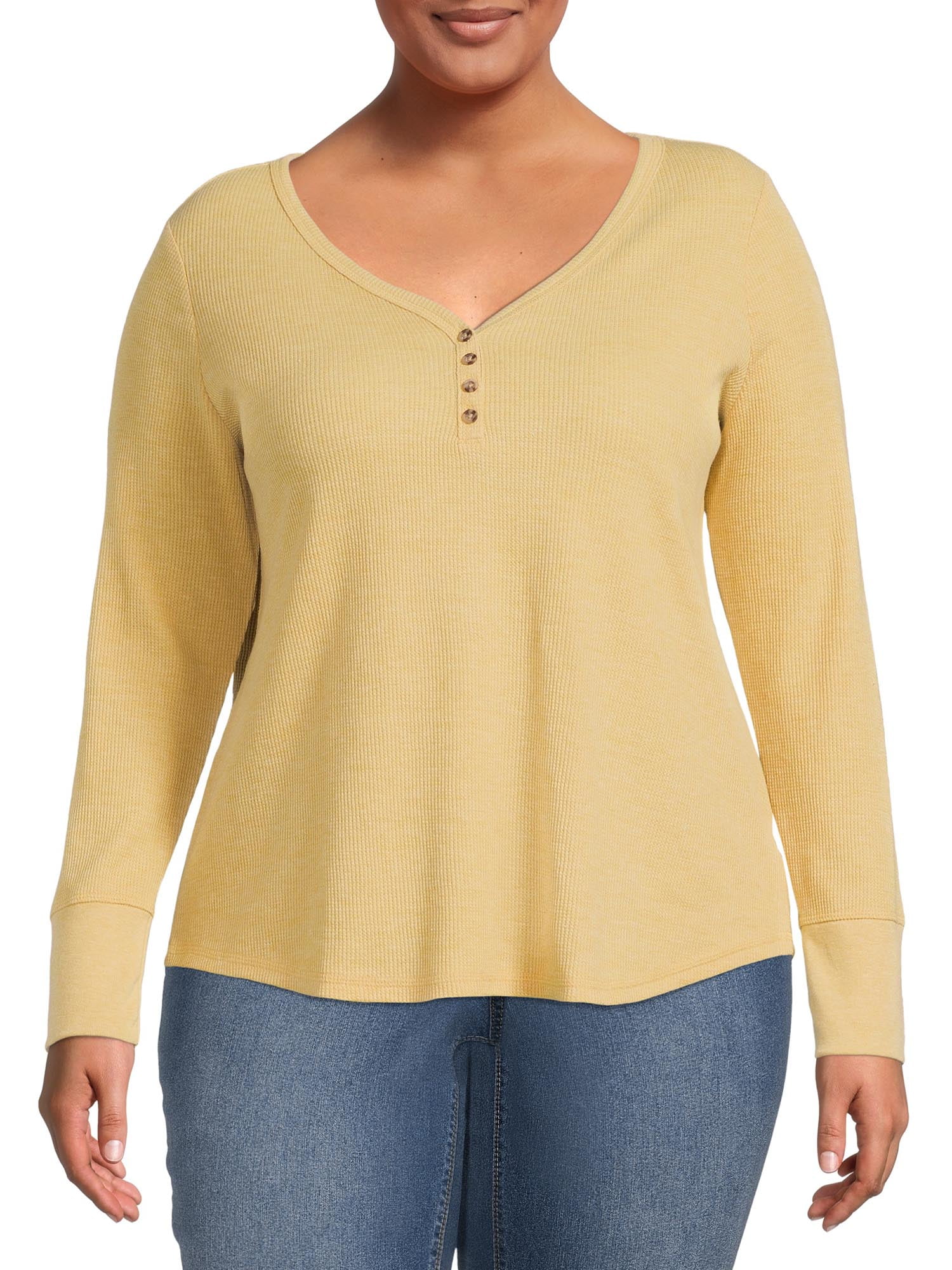Terra & Sky Women's Plus Size Long Sleeve Waffle Henley Top