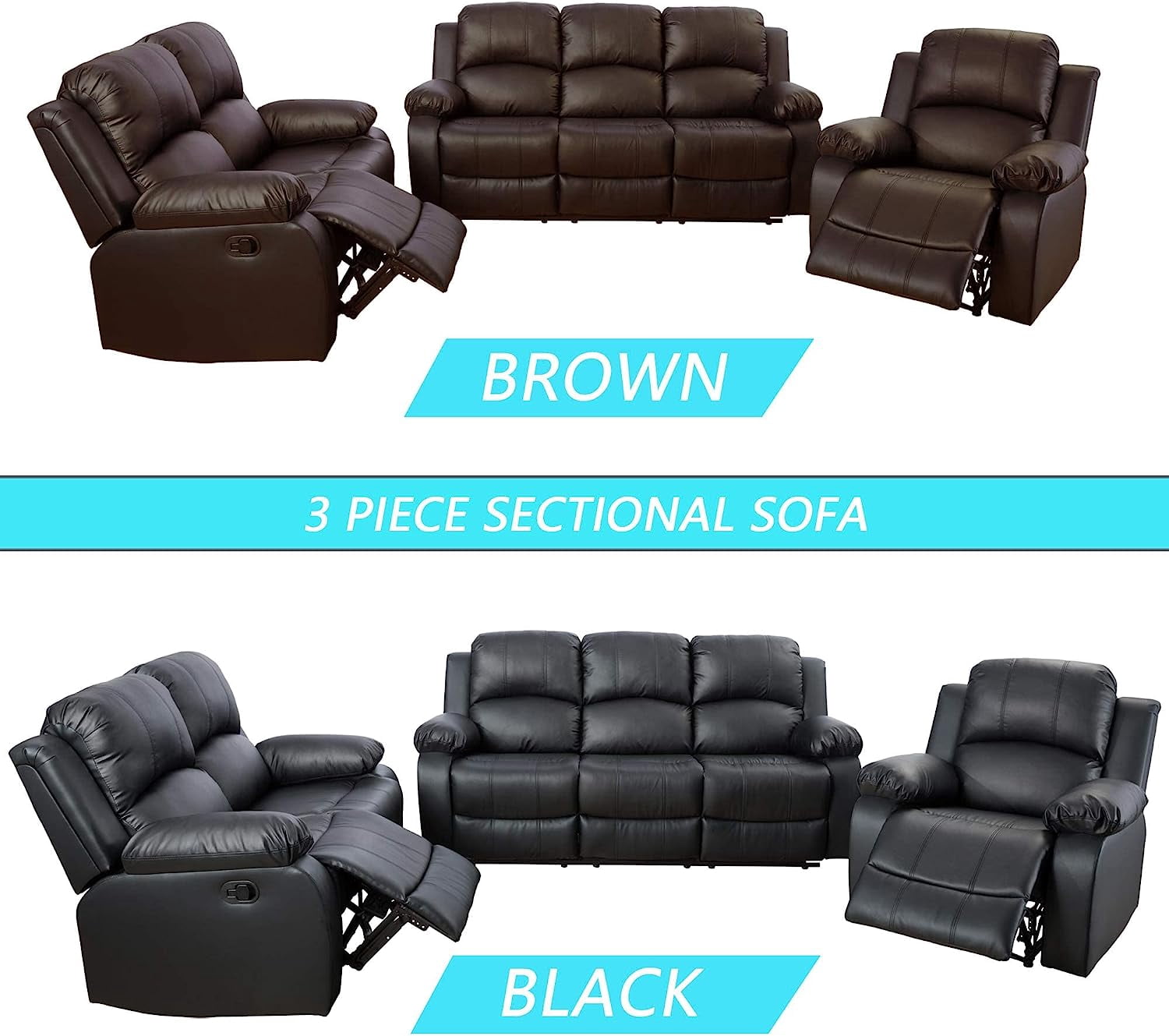 Golden Furniture 3 Piece Contemporary Faux Leather Reclining Living Room Set Black