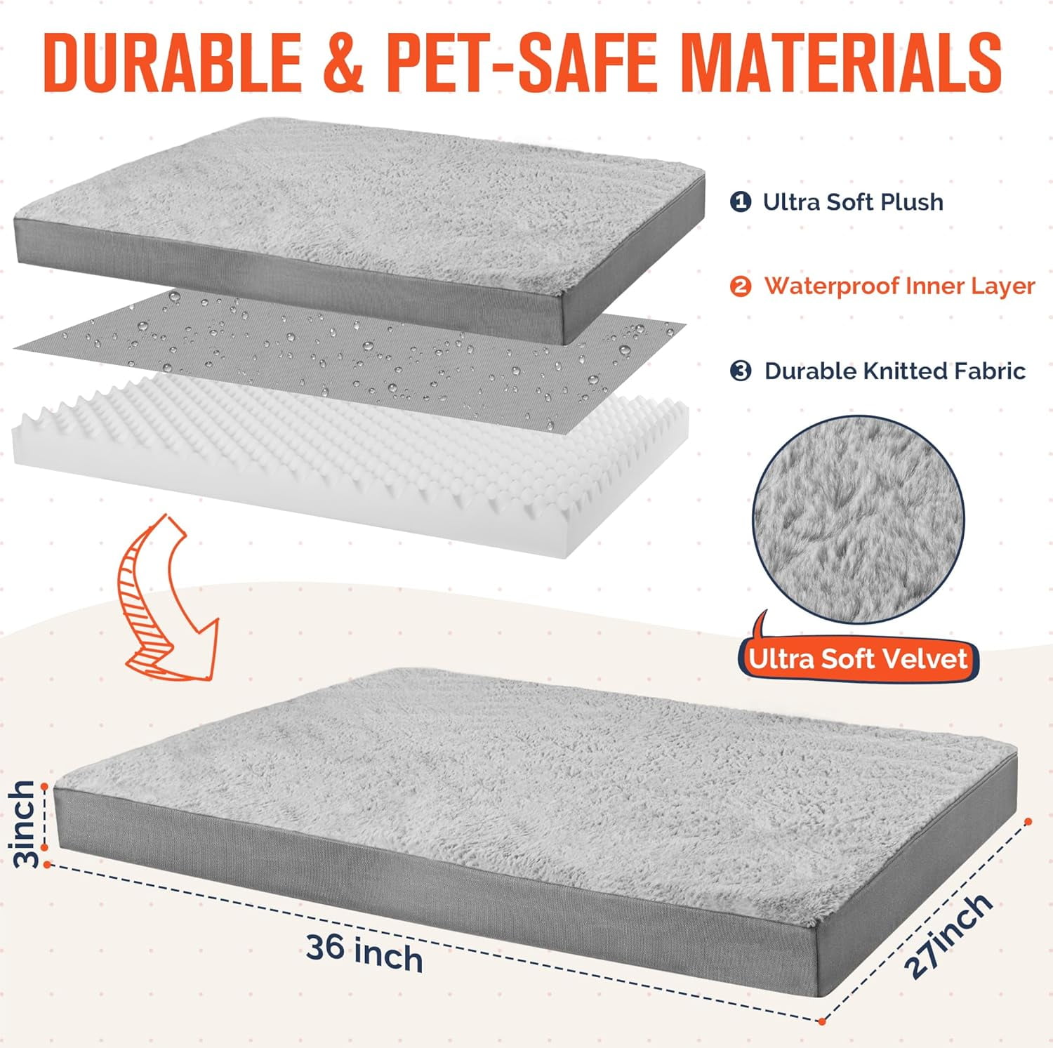 General Orthopedic Dog Bed for Large Dogs, Egg Crate Foam & Removable Cover, Washable Pet Bed, 36 x 27 Inch, Gray