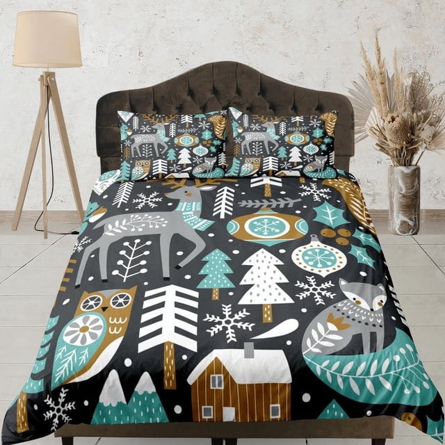 Navidad Juego de Funda Nórdica Almohadas Árbol de Navidad Reno Dormitorio Ropa de cama