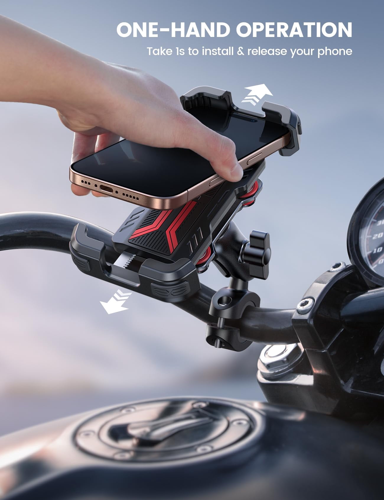 Motorcycle Phone Mount Holder - [Dual Vibration Dampener] [Metal Adjustment Arm] Motorcycle Cell Phone Holder, Bike Handlebar Phone Mount, Gifts for iPhone 16 15 14 Pro Max, 4.7-6.7" Phones