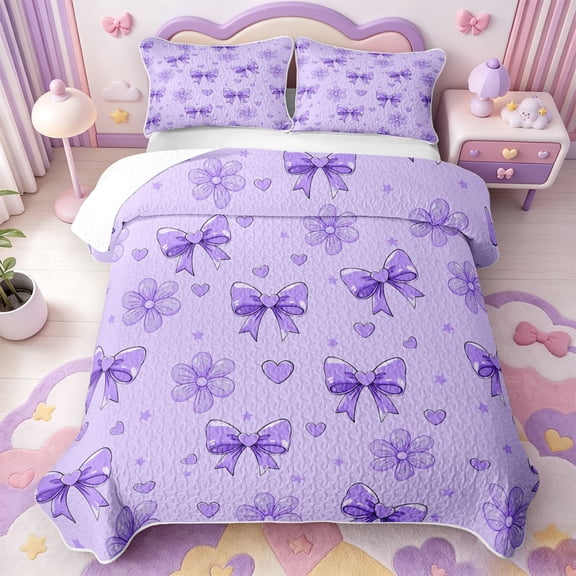 Manfei Coquette Bow Quilt Full,Purple Dreamy Bowtie Full Bedspread Sets,3-Piece,1 Coverlet and 2 Pillowcases