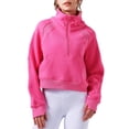 thumbnail image 1 of Chandails en Molleton d'Hiver Demi-Fermeture à Glissière Court Chandail Col Entonnoir Doublé Polaire Fermeture à Glissière Manches Longues Hauts Trou pour le Pouce pour Femmes Filles - Rose, 1 of 7