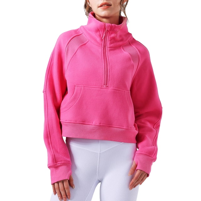 Chandails en Molleton d'Hiver Demi-Fermeture à Glissière Court Chandail Col Entonnoir Doublé Polaire Fermeture à Glissière Manches Longues Hauts Trou pour le Pouce pour Femmes Filles - Rose