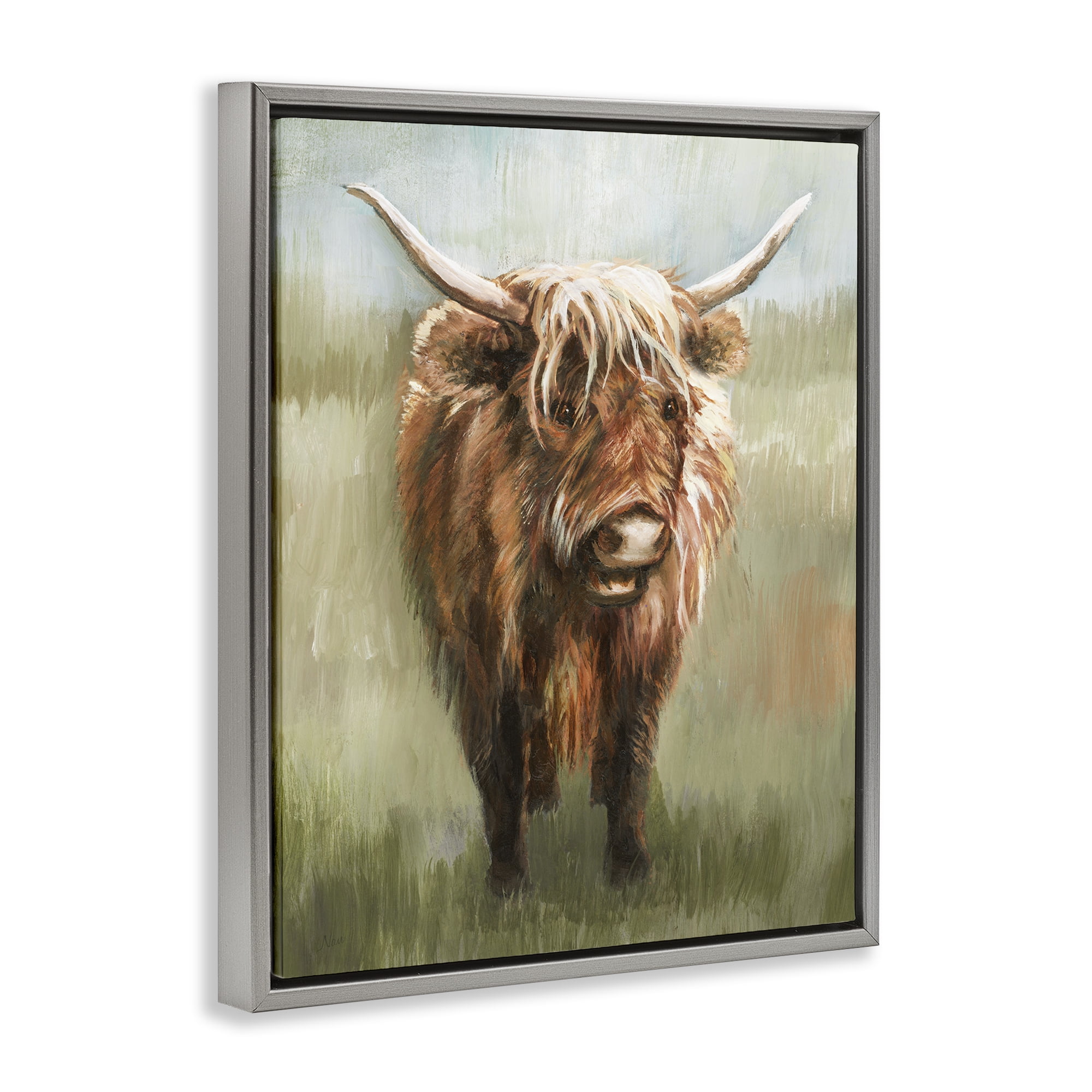 Stupell Industries Highland Cattle Painting Animals & Insects Painting Gray Floater Framed Canvas Art Print Wall Art, 17 x 21
