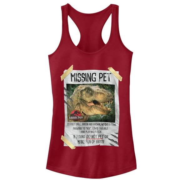 Junior's Jurassic Park T. Rex Missing Pet  Racerback Tank Top Scarlet Medium