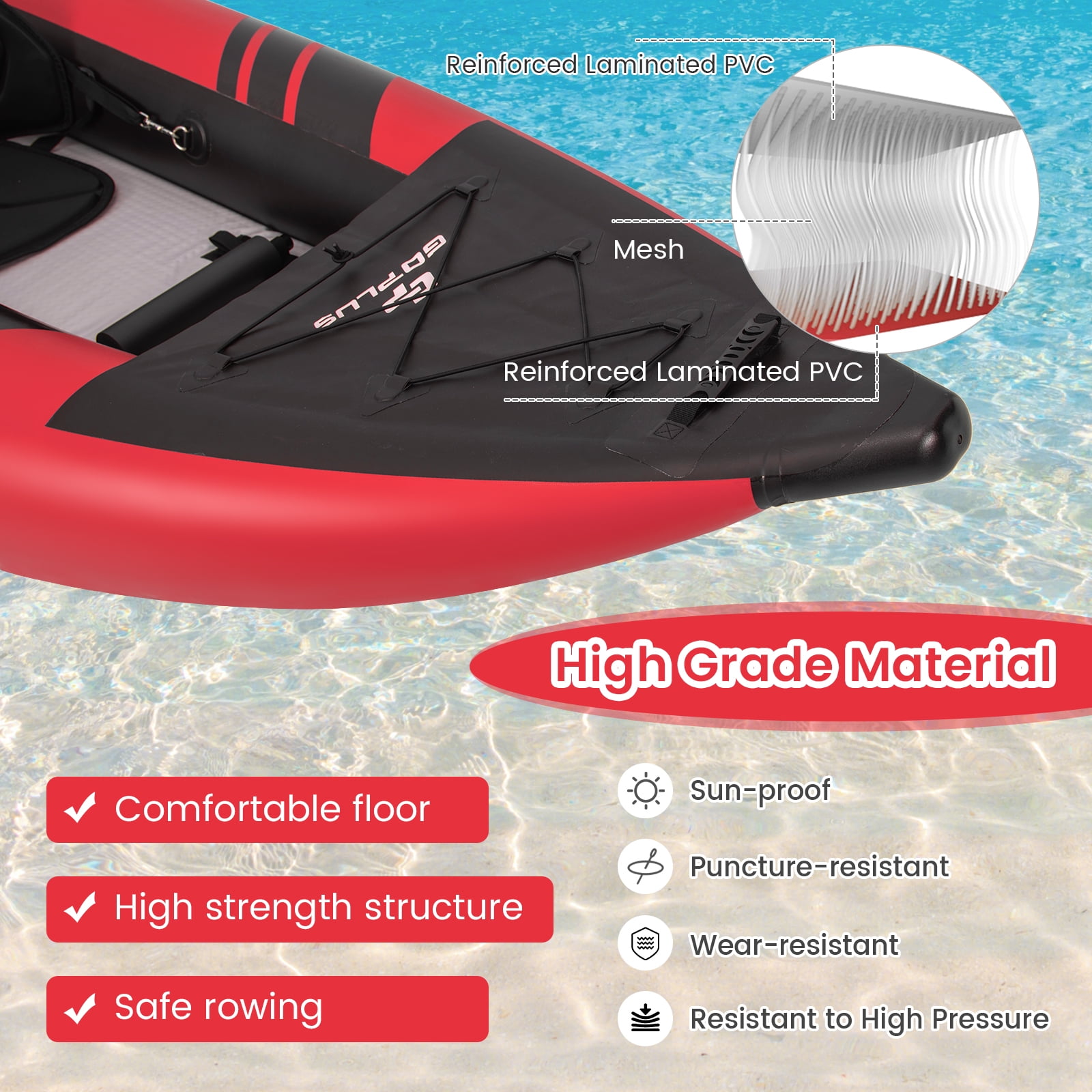 Goplus Inflatable Water Float Set Portable 2-person Kayak with Aluminium Oars EVA Padded Seat Red