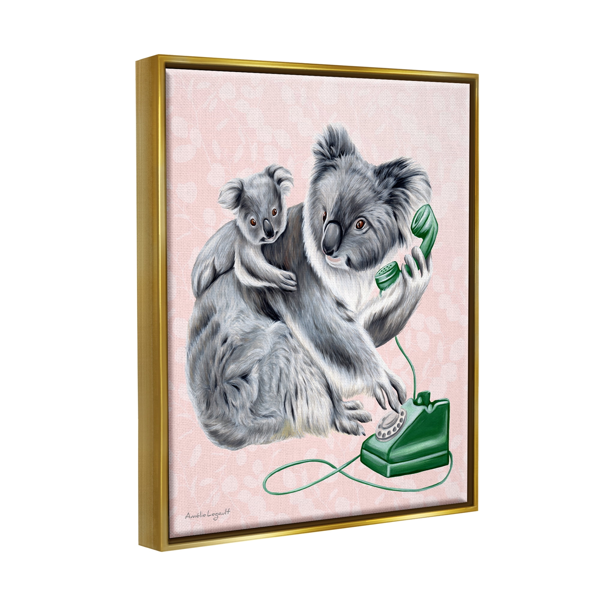 Stupell Industries Koala & Baby Green Rotary Phone Vintage Botanicals Graphic Art Metallic Gold Floating Framed Canvas Print Wall Art, Design by Amelie Legault