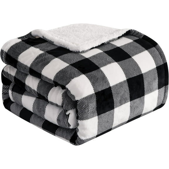 Elegant Comfort Reversible Buffalo Plaid Flannel Sherpa Blanket - Soft Fleece Throw for Couch or Bed - Plush Warm Winter Blanket, Full, Black