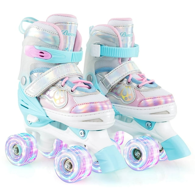 Costway Patins à Roulettes pour Enfants 4 Tailles Réglables Patins Quad avec Roues Lumineuses pour 5-8 Ans Bleu
