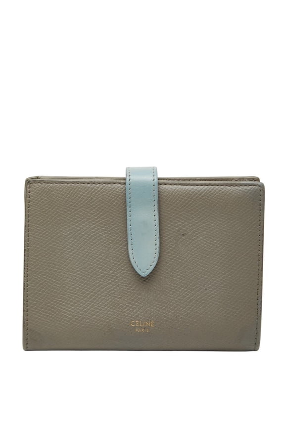 Pre-Owned Celine Medium Strap Wallet, Bifold Beige, Blue Leather, Women's, CELINE