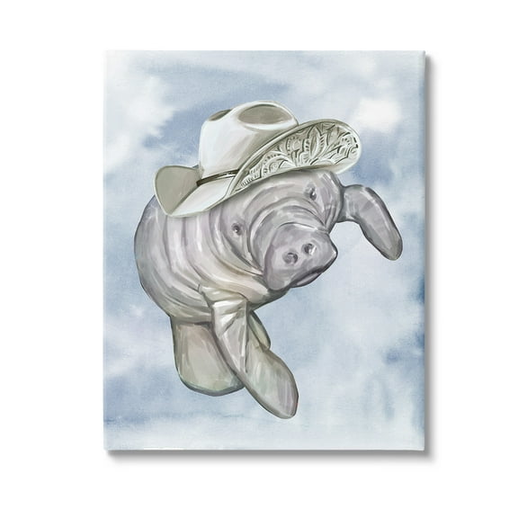 Stupell Industries Manatee with Stylish Hat Animals & Insects Painting Gallery Wrapped Canvas Art Print Wall Art, 16 x 20