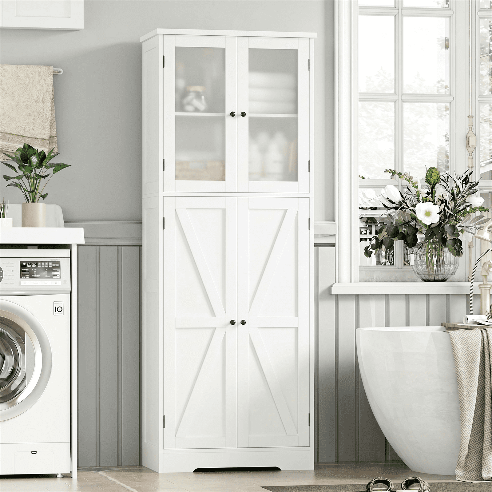 Homfa 67" Farmhouse Kitchen Pantry Storage Cabinet with Glass Doors, Freestanding Cupboard Storage Cabinet for Small Space, White