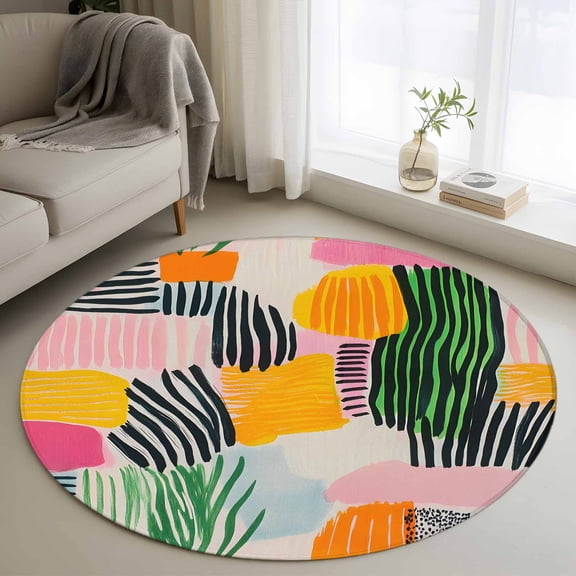 Contemporary Geometric Round Rug 3ft Washable Circle Entryway Rugs Non Slip Color Block Striped Abstract Area Rug Indoor Floor Carpet for Bedroom Kitchen Living Room Home Office Dining Room Nursery