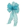 8" x 16" Teal Blue Sheer 6 Loop Bow with Glittered Scrolls Christmas Decoration