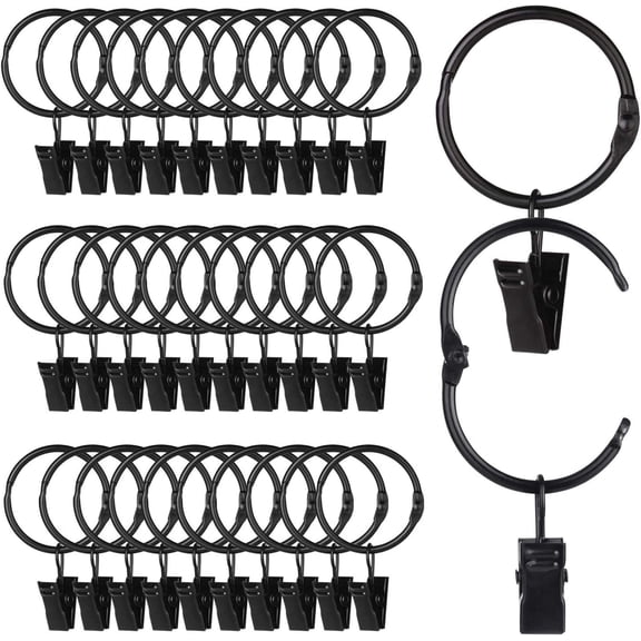 36pcs Openable Curtain Rings with Clips, Heavy Duty Metal Decorative Curtain Clips Rod Hangers Door Curtain and Shower Curtain Rings