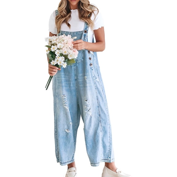 Sleeveless Women Casual Denim Jumpsuit Loose Wide Leg Jeans Oversall Bib Pants