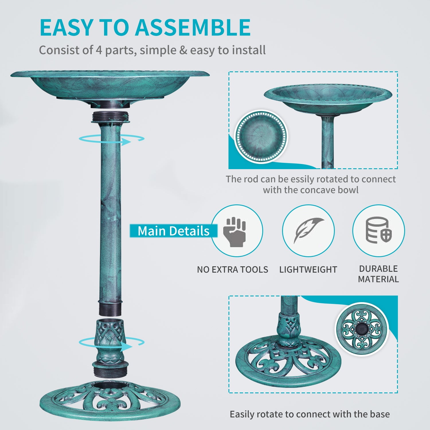 VECELO 28" Height Pedestal Antique Birdbath with Solar Powered Fountain Pump, Green