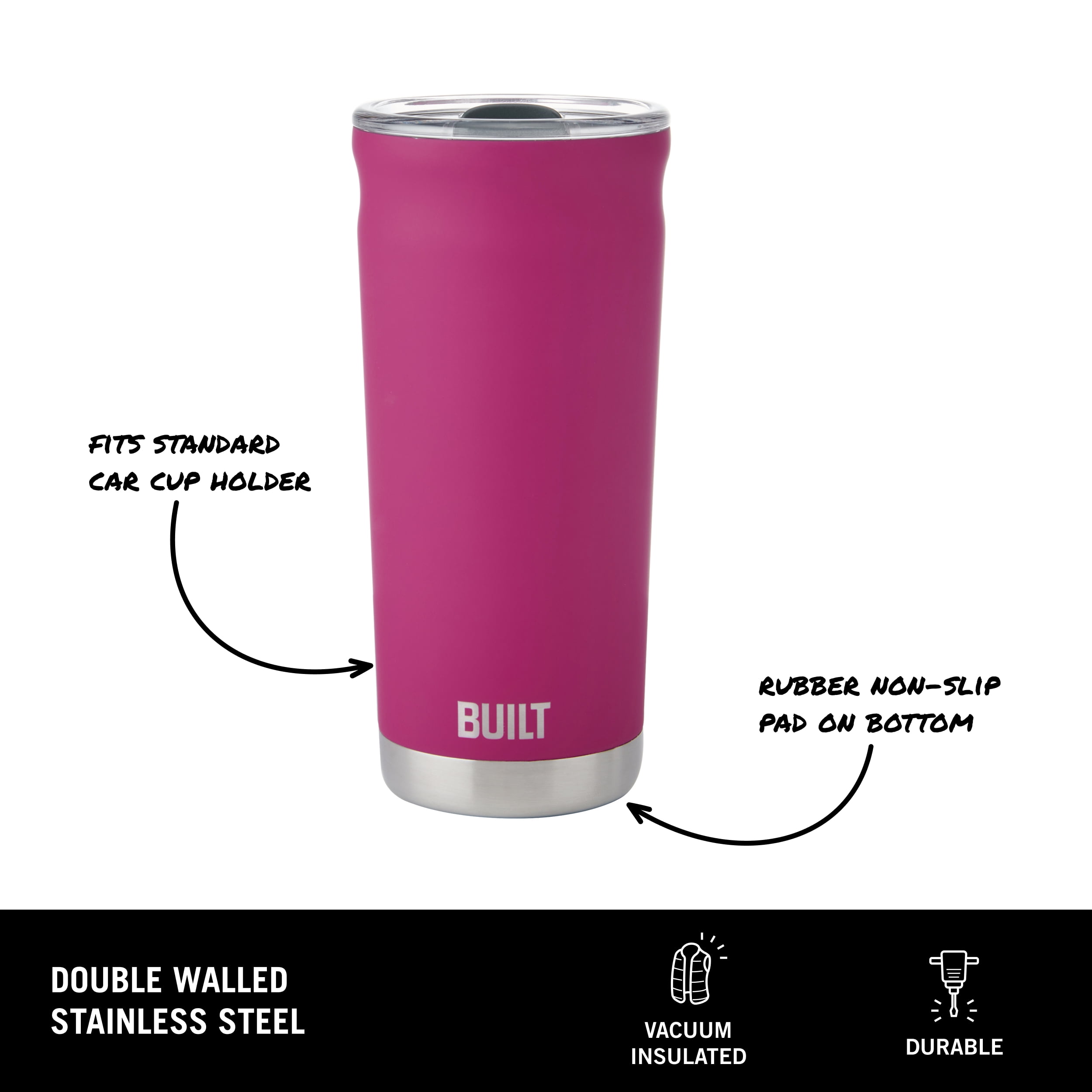 BUILT Torrent 20 oz Double-Wall Insulated Stainless Steel Tumbler Water Bottle, Magenta