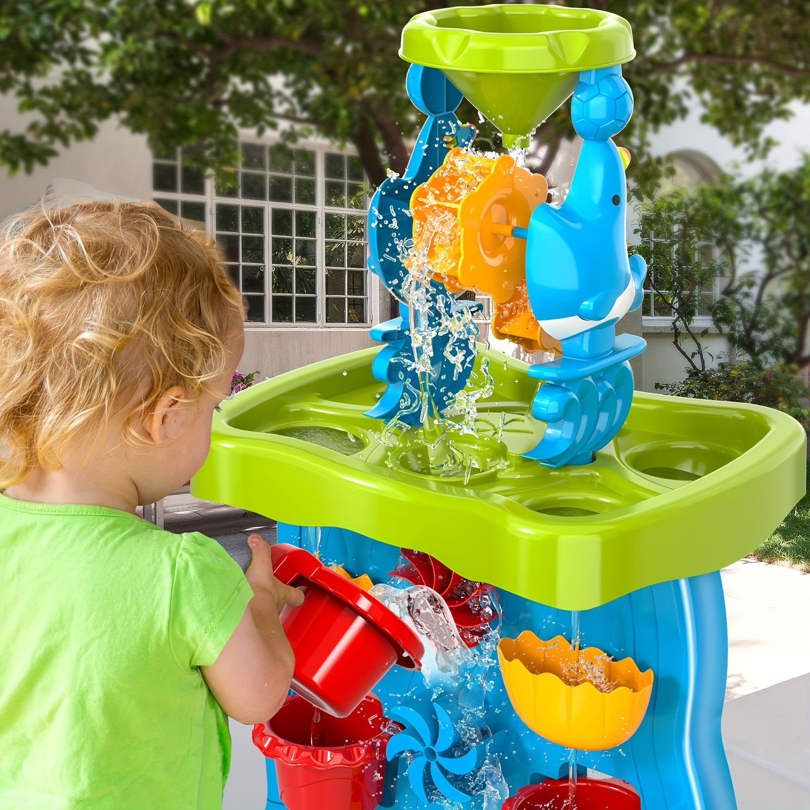 Kids Waterfall Water Table Play Set -Blue- Double-Sided Waterfall Discovery Wall, With Shovels, Buckets, Sea Creatures for Outdoor Backyard Beach Sensory Play, Gift for Boys Girls Age 3+