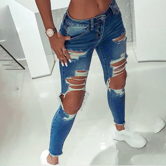 Women Solid Color Hole Low Waist Jeans Flares Ankle Fashion Pants Trouser