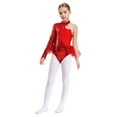 thumbnail image 3 of TTAO Robe Justaucorps à Sequins et Plumes pour Filles, une Épaule, Manches Longues, Rouge 10, 3 of 8
