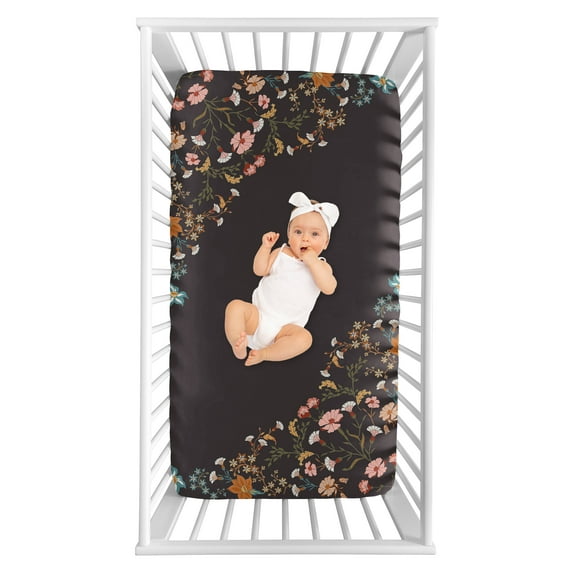 Sweet Jojo Designs Boho Floral Wildflower Black and Orange Girl Photo Op Fitted Crib Sheet
