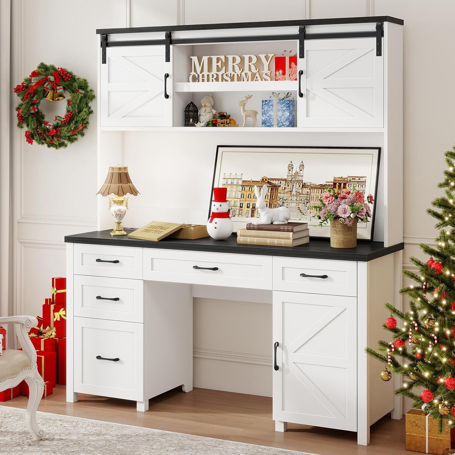 Vabches 61" W Executive Desk with Hutch, Farmhouse Office Computer Desk with 5 Drawers and Charging Station & File Cabinet, Wood Writing Study Table