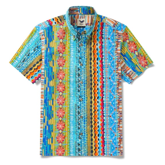 YIUME Men's Hawaiian Shirt Colorful Geo Flow Short Sleeve Button-down Aloha Shirts